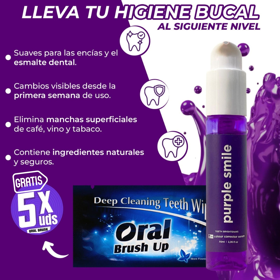 Sonrisa Radiante en Minutos: Purple Smile - Espuma Blanqueadora - SOLO HOY COMPRA PURPLE SMILE Y RECIBAS 5 ORAL BRUSH UP GRATIS