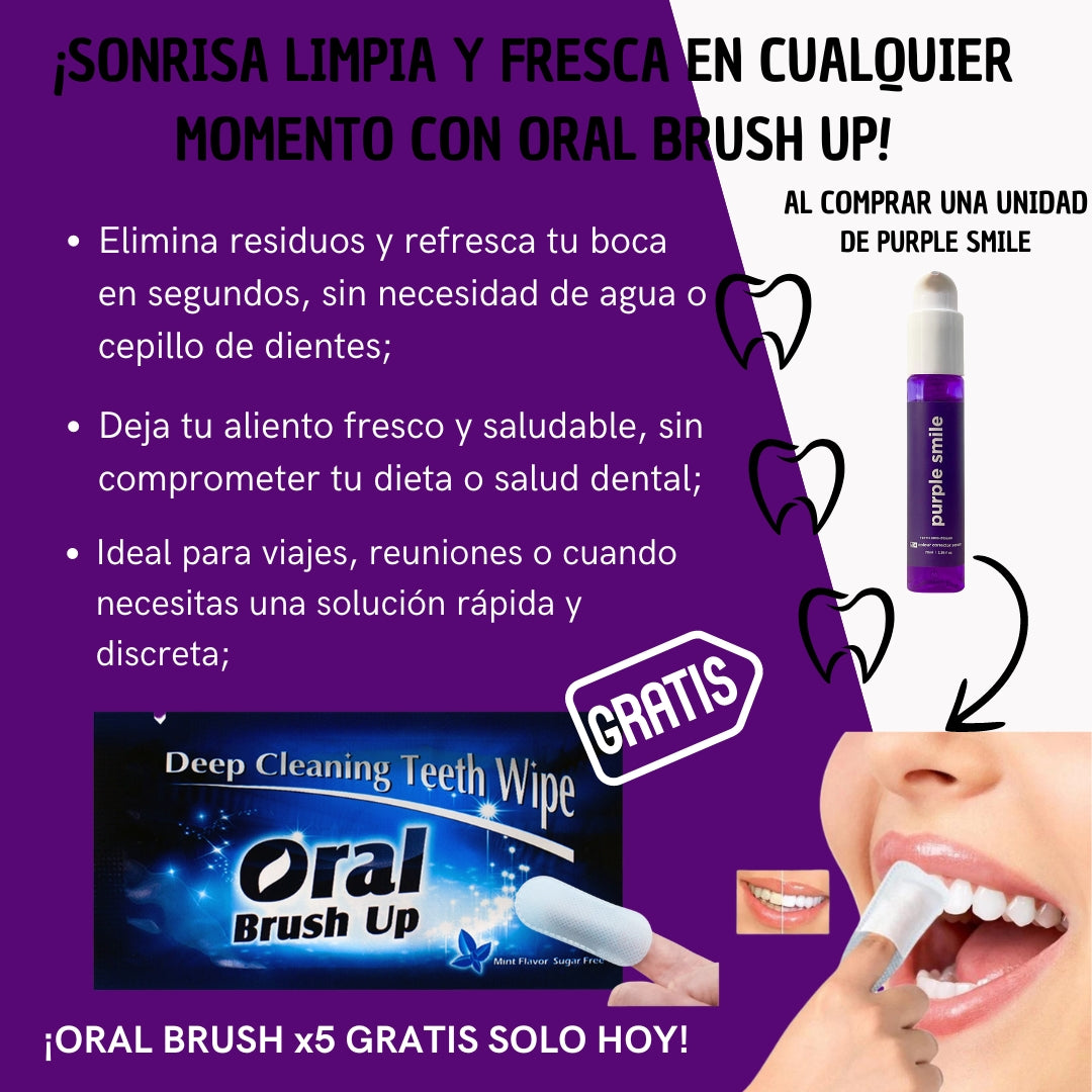 Sonrisa Radiante en Minutos: Purple Smile - Espuma Blanqueadora - SOLO HOY COMPRA PURPLE SMILE Y RECIBAS 5 ORAL BRUSH UP GRATIS