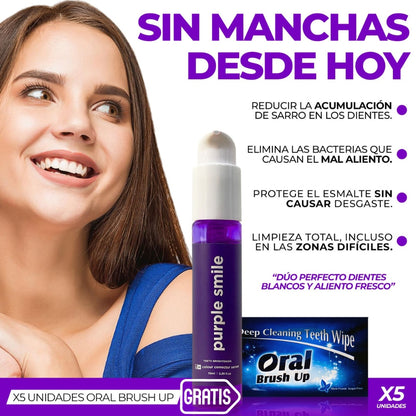 Sonrisa Radiante en Minutos: Purple Smile - Espuma Blanqueadora - SOLO HOY COMPRA PURPLE SMILE Y RECIBAS 5 ORAL BRUSH UP GRATIS