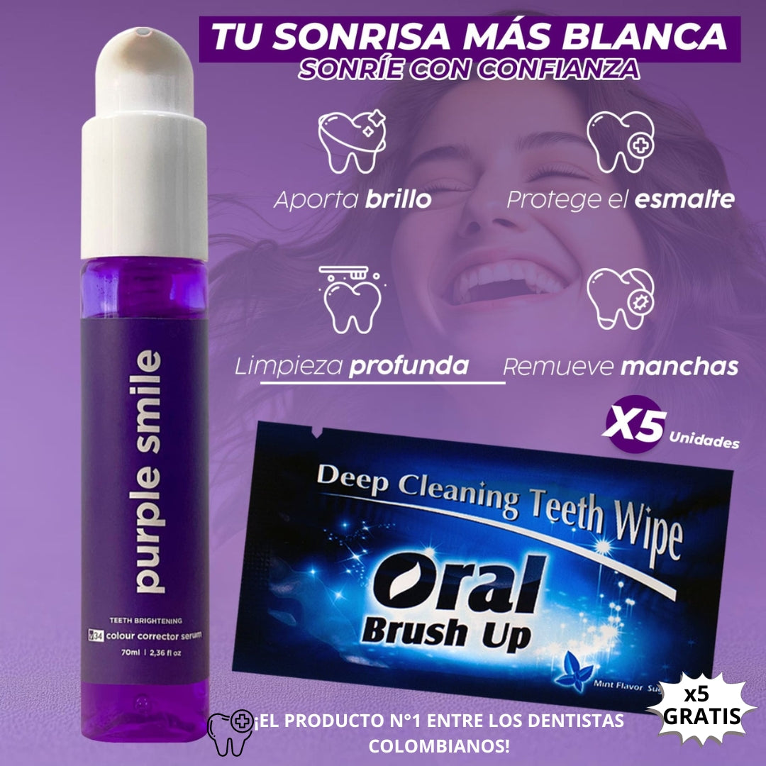 Sonrisa Radiante en Minutos: Purple Smile - Espuma Blanqueadora - SOLO HOY COMPRA PURPLE SMILE Y RECIBAS 5 ORAL BRUSH UP GRATIS