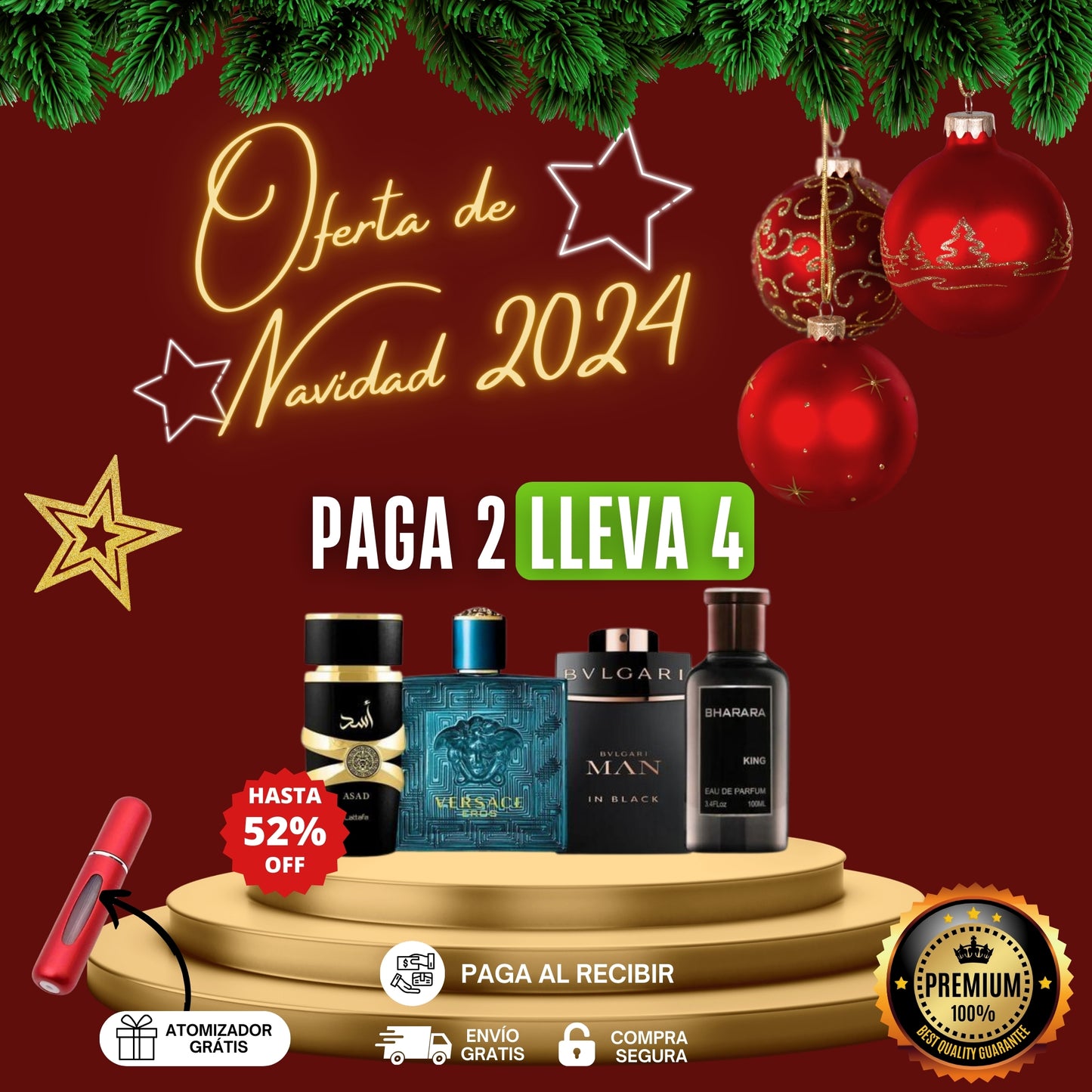 Kit Máxima Seducción Masculina - 4 Perfumes Premium: ASAD | BHARARA | VERSACE| BVLGARI - ❗❗SOLO HOY COMPRA AHORA Y LLEVA UNO ATOMIZADOR DE REGALO❗❗