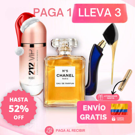 KIT 3 AROMAS, UNA MUJER - DESCUBRE TU FRAGANCIA IDEAL - 212 VIP Rosé | Chanel Nº 5 | Good Girl | (5 años de perfumes) + PERFUMERO DE REGALO