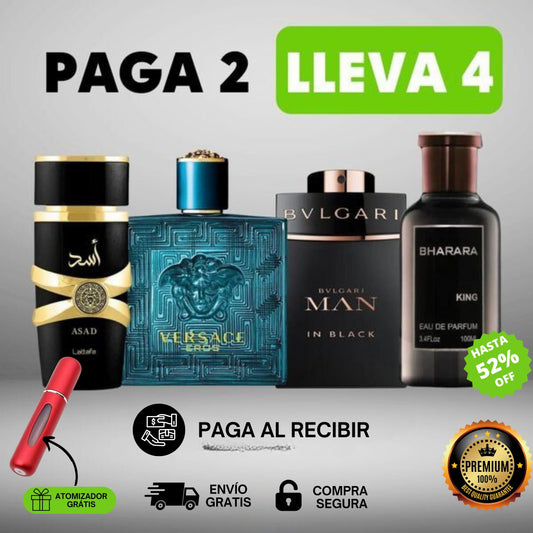 Kit Máxima Seducción Masculina - 4 Perfumes Premium: ASAD | BHARARA | VERSACE| BVLGARI - ❗❗SOLO HOY COMPRA AHORA Y LLEVA 2 ATOMIZADORES DE REGALO❗❗